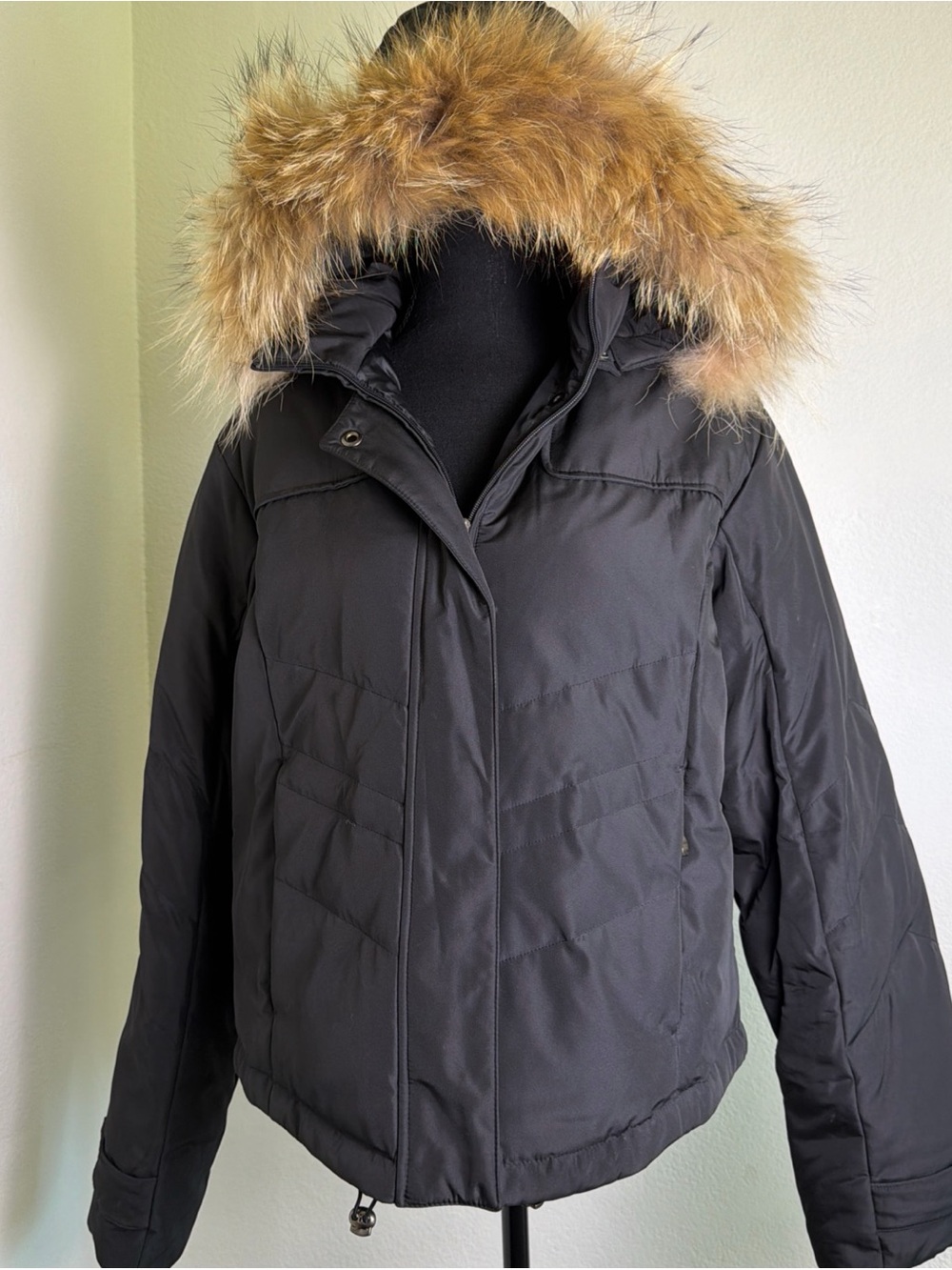 Mixit Vintage Y2K Hooded Puffer Jacket Black Faux Fur Removable Hood Zip Pockets